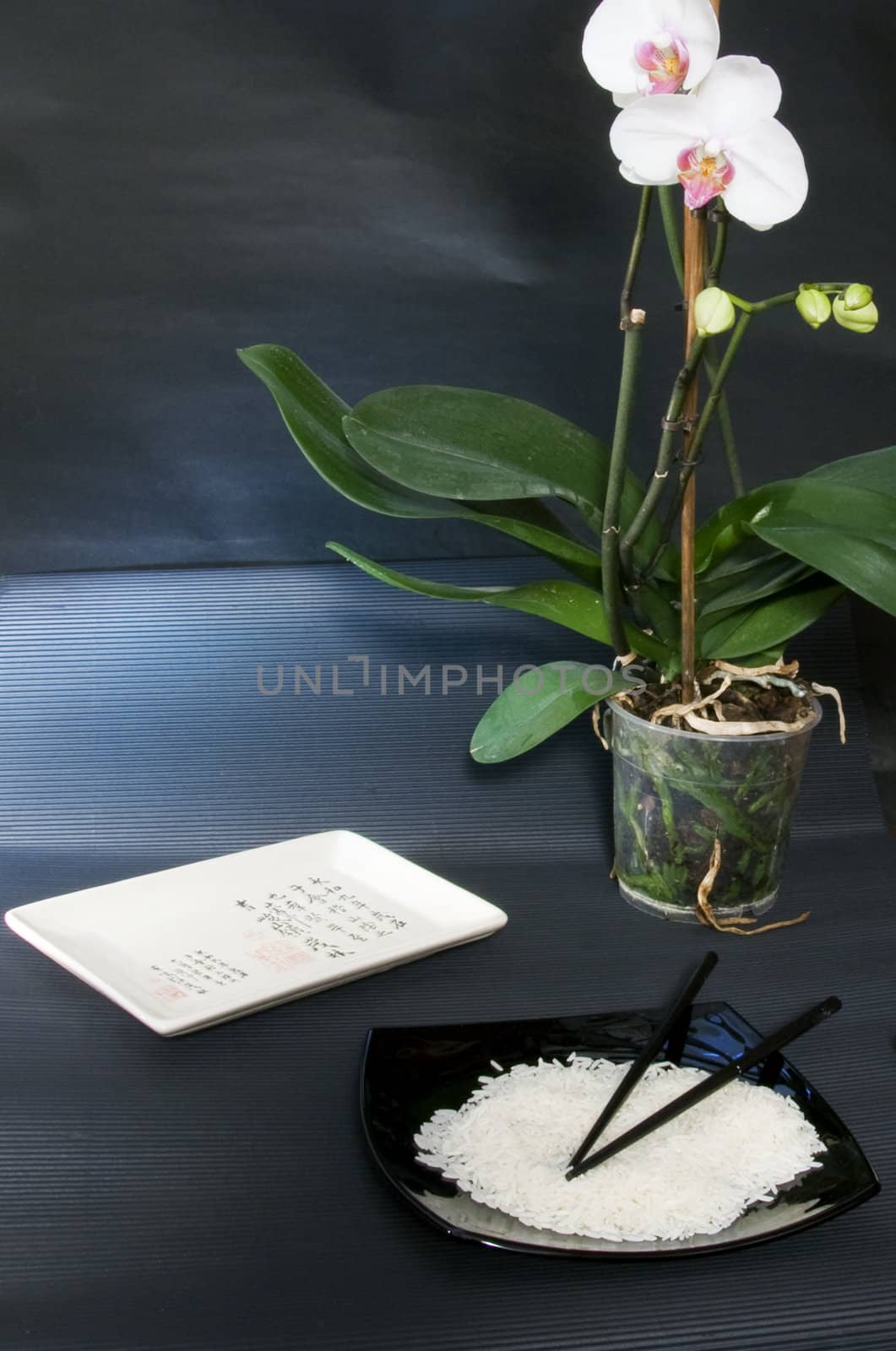 Table with plates, rice and flowers, black background