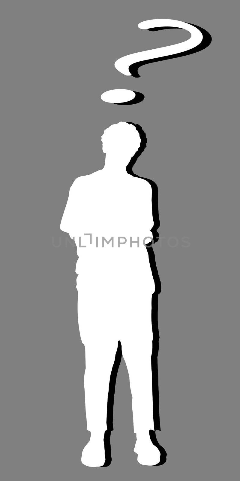 White silhouette of a man and a question mark, with black shadow