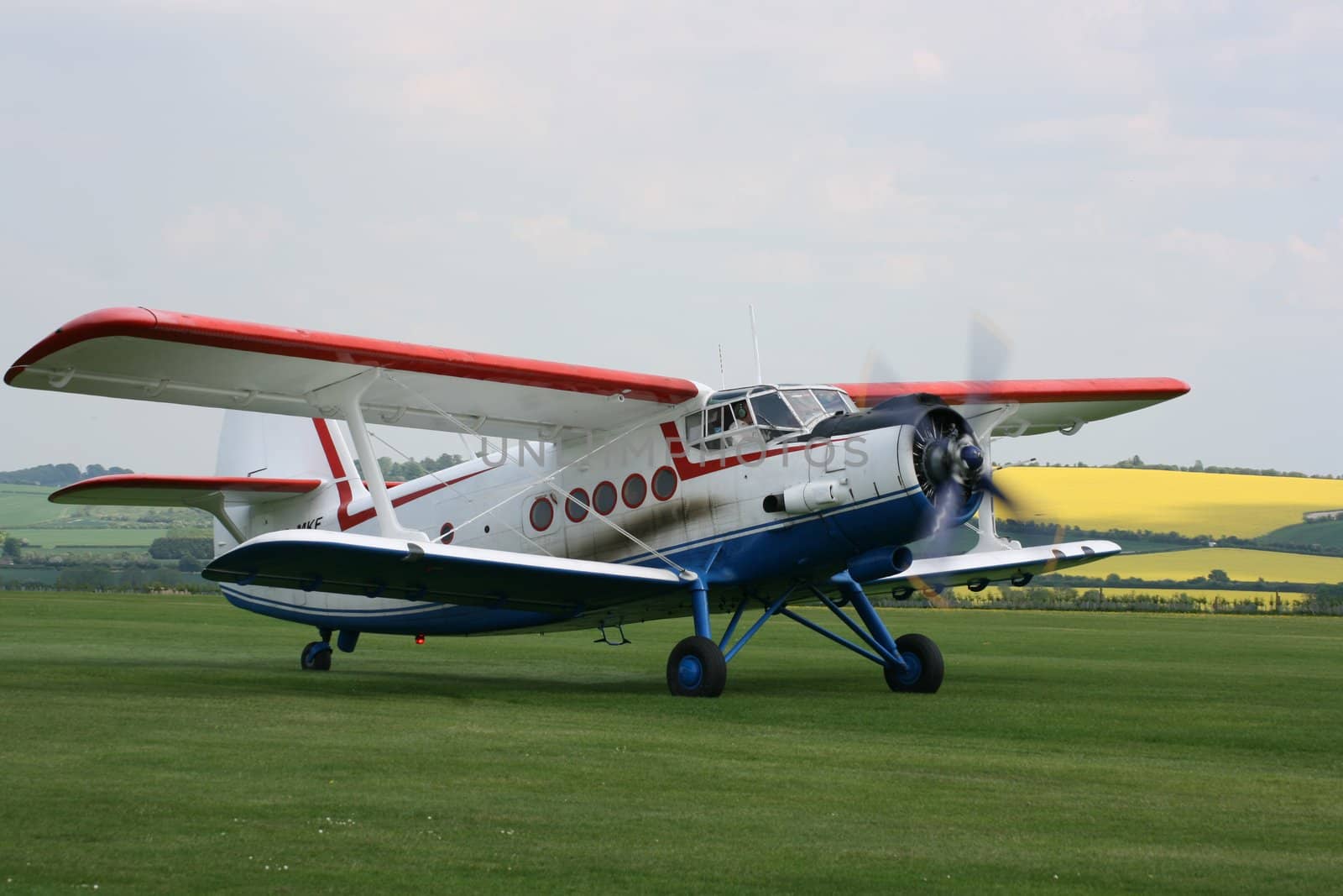 The Antonov An-2 a light, single-engine biplane which first flew in 1947. Used for light transport, parachute drops and agricultural work. Image taken at Old Sarum Airfield, Salisbury,Wiltshire UK. 