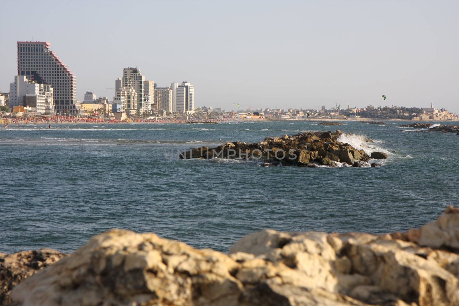 View to the coast line of Tel Aviv from the breakwater