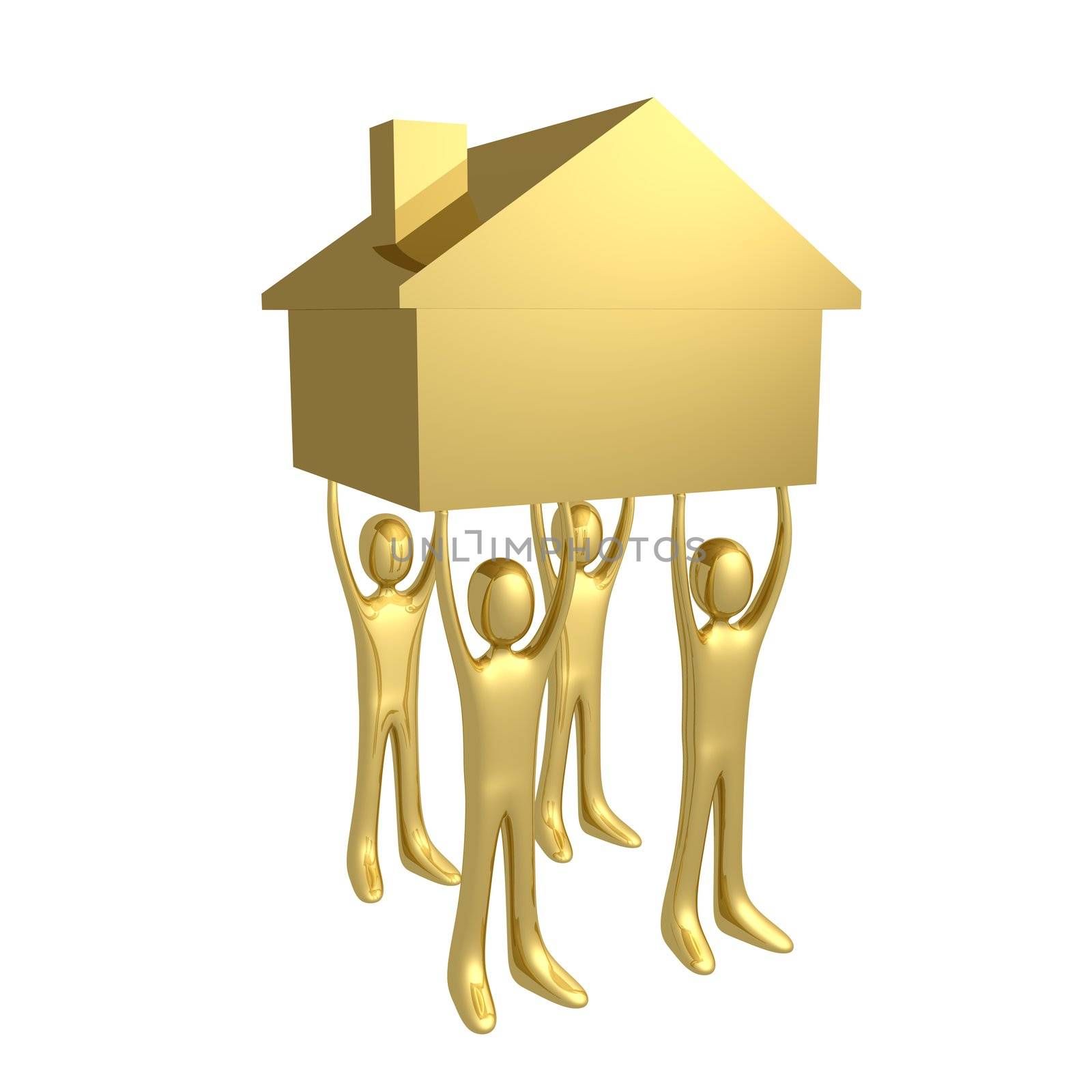Four 3d people holding a house.