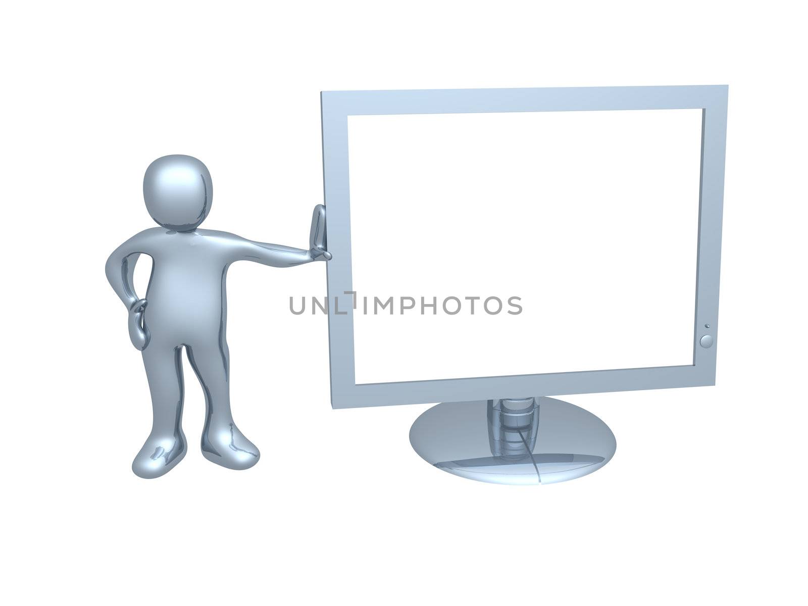 A 3d person next to a computer monitor.