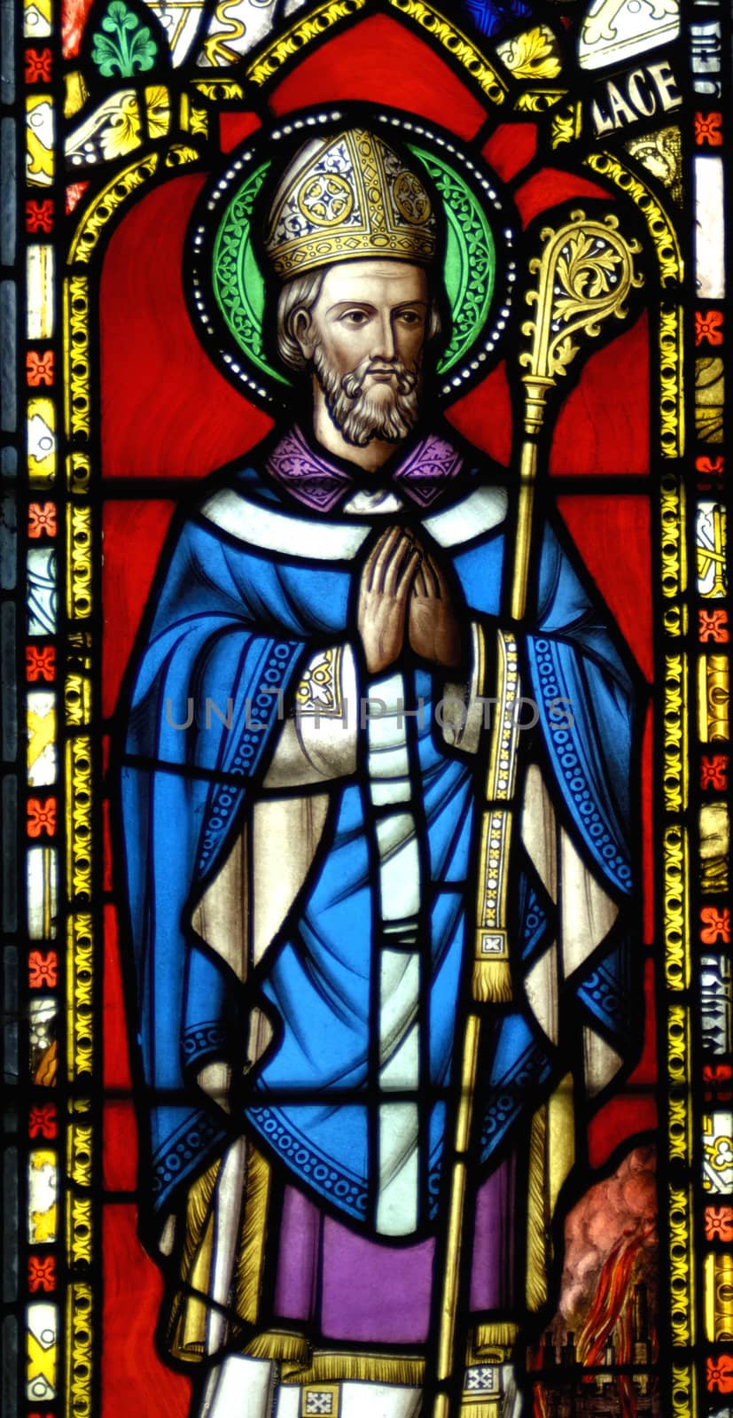A stained glass window in the chapel on the Farne Islands, UK, depicting Saint Cuthbert as Bishop of Lindisfarne