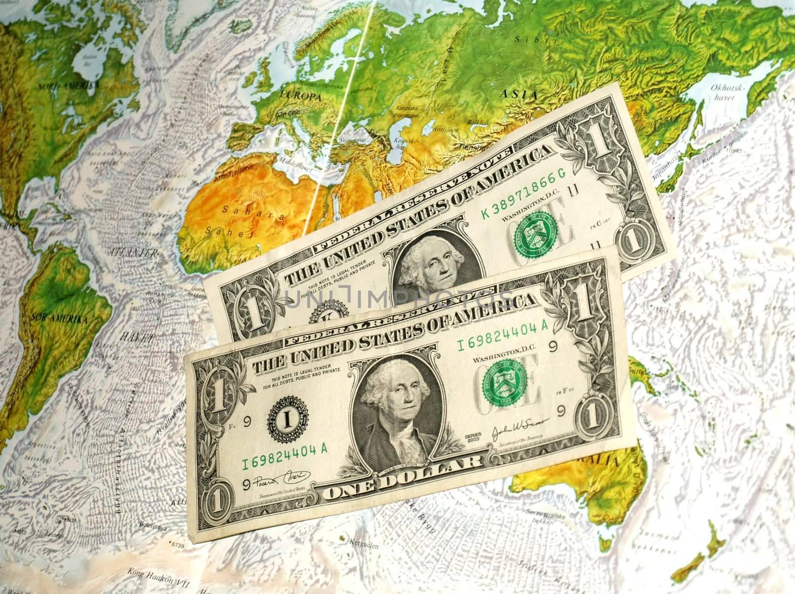 one dollar bills on map