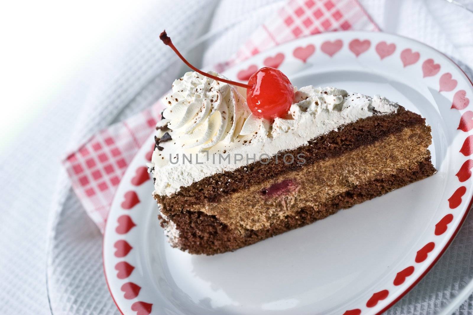 Slice of chocolate cake and cherry on the plate