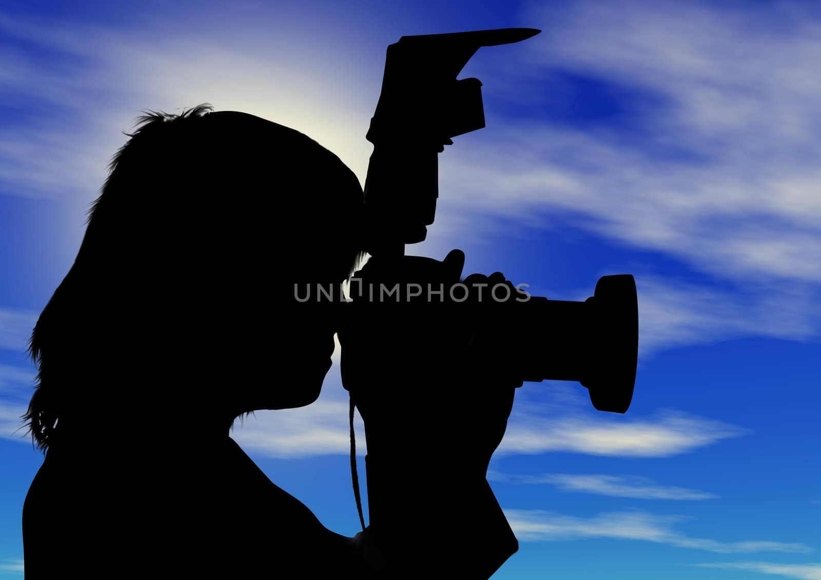 On a background of the bright dark blue sky a silhouette of the beautiful woman with the camera. Silhouette. clipping path
