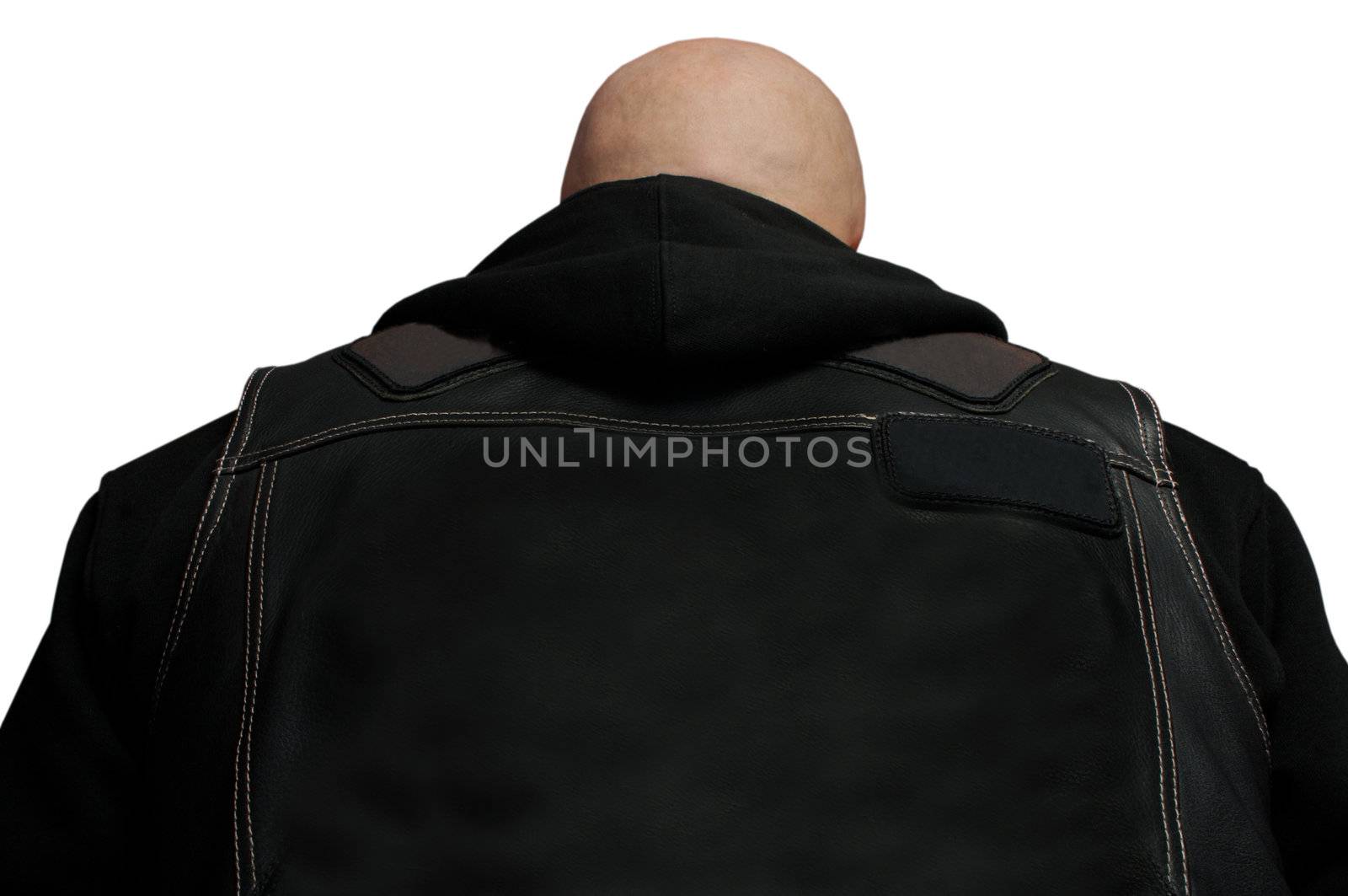 The bald person in a black jacket with a hood