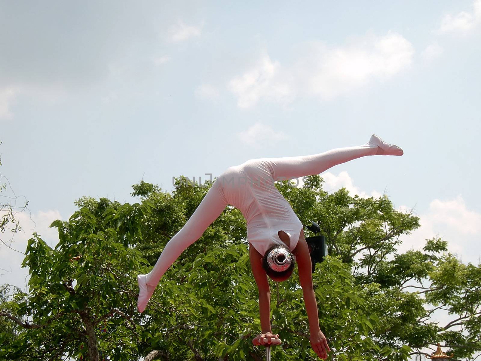 A photograph of a female acrobat performing a one arm handstand.
