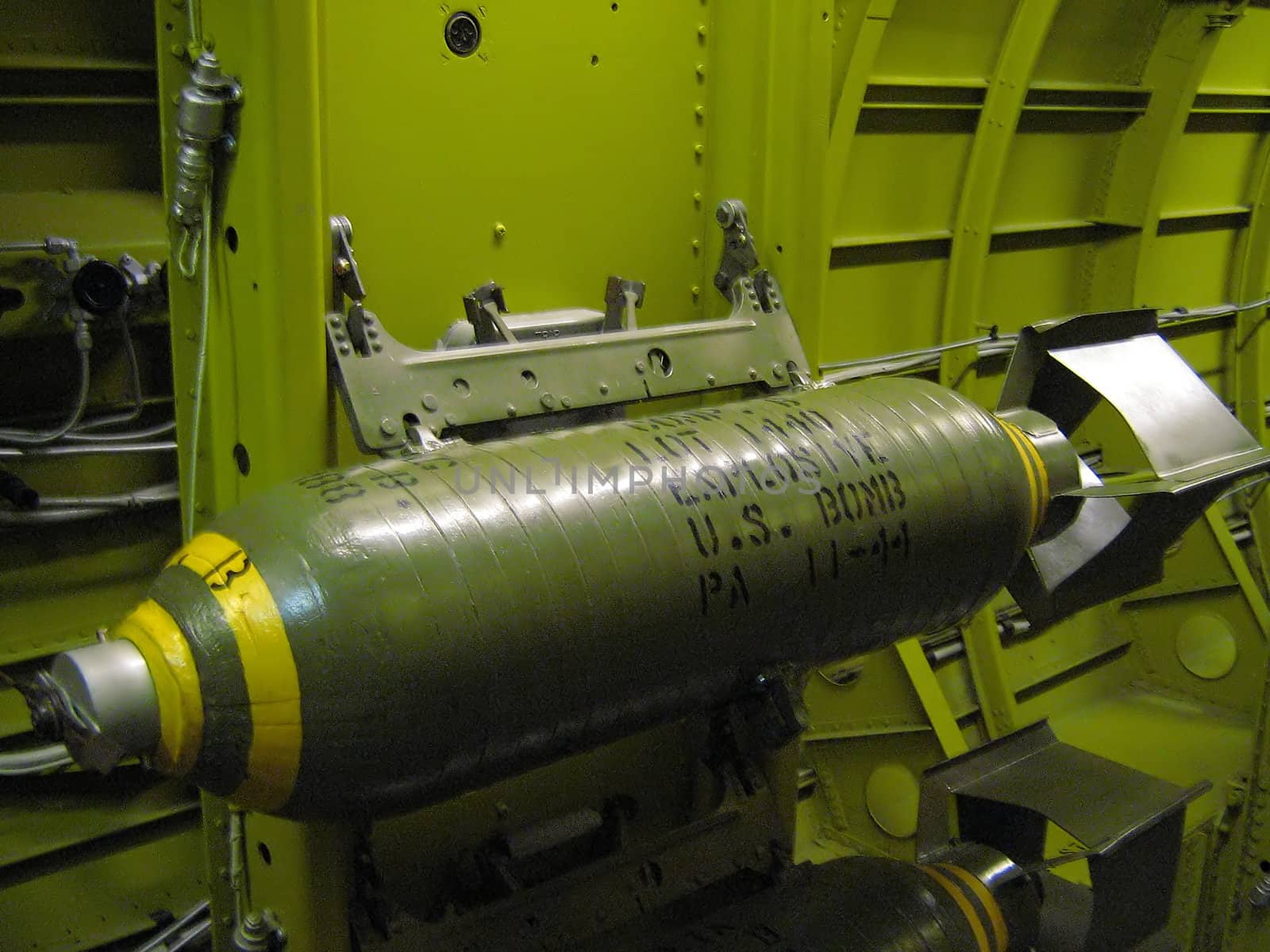 A photograph of a replica bomb used by military aircraft.