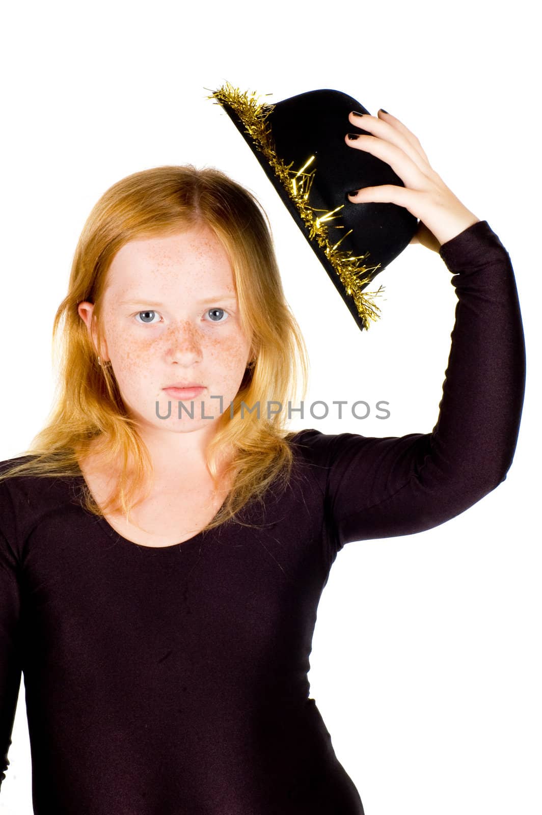girl is wearing a black hat with golden streamer by ladyminnie