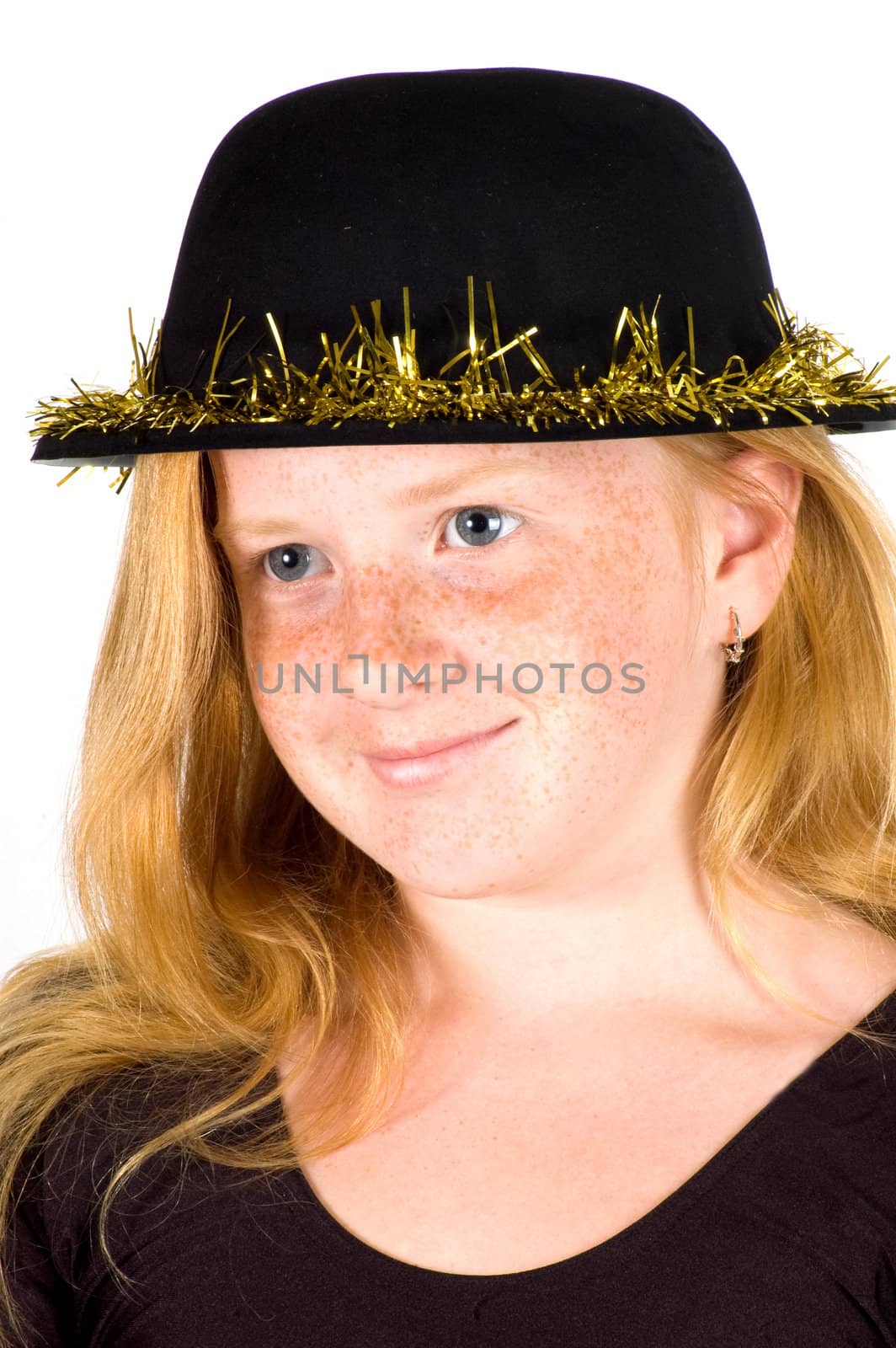 girl is wearing a black hat with golden streamer by ladyminnie