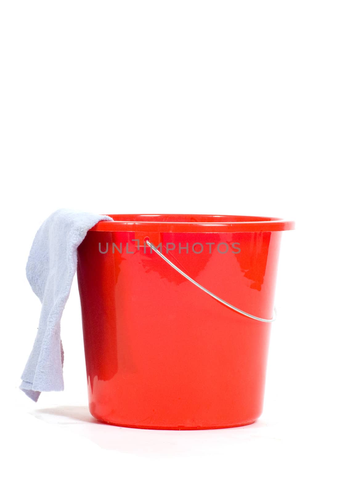 red bucket with dishcloth  isolated on white