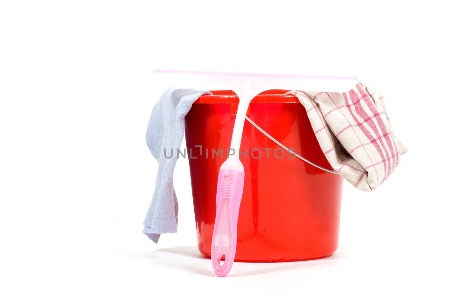 red bucket with windows cleaning tools  isolated on white