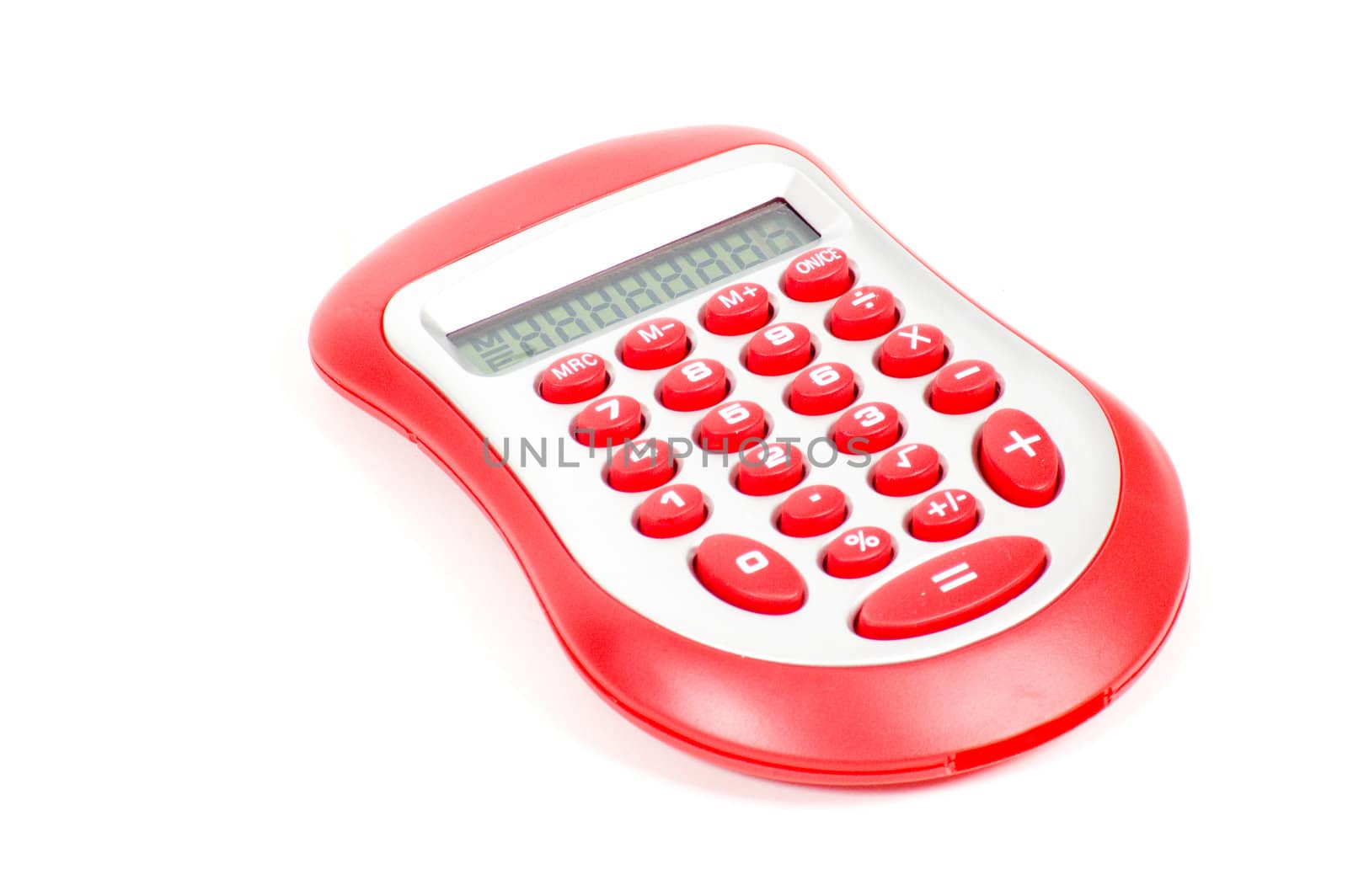 red calculator on white background