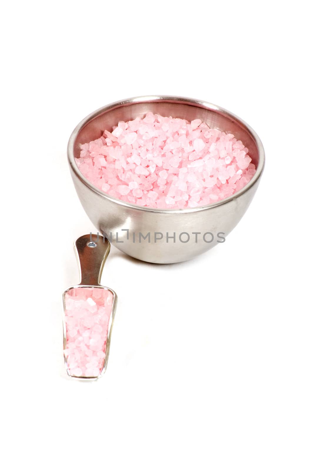 silver bown with bading salt and measuring scoop isolated on white