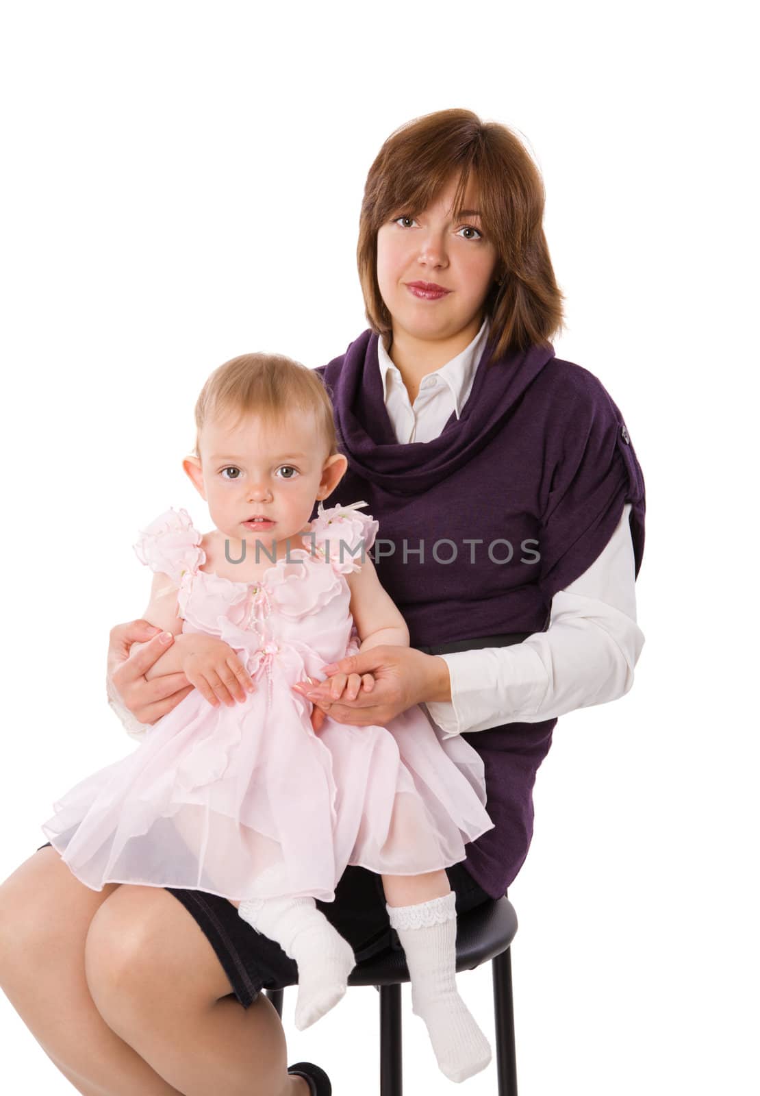 Mother with daughter posing together isolated on white