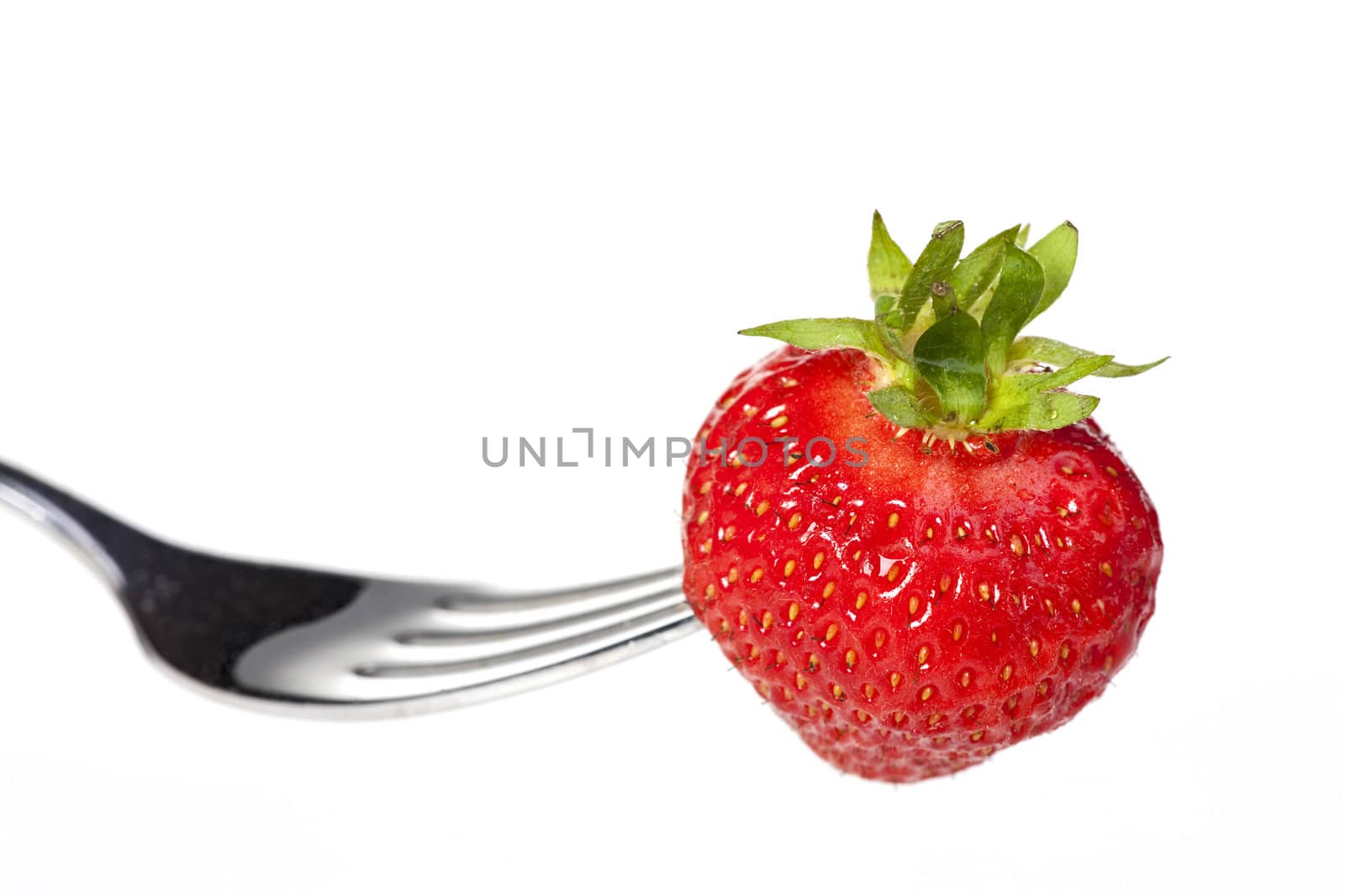 single strawberry on a fork isolated on white by bernjuer