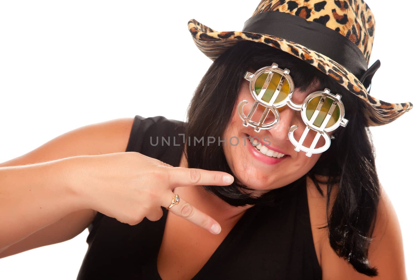 Beautiful Smiling Girl with Peace Sign, Bling-Bling Dollar Glasses and Funky Hat Isolated on a White Background.