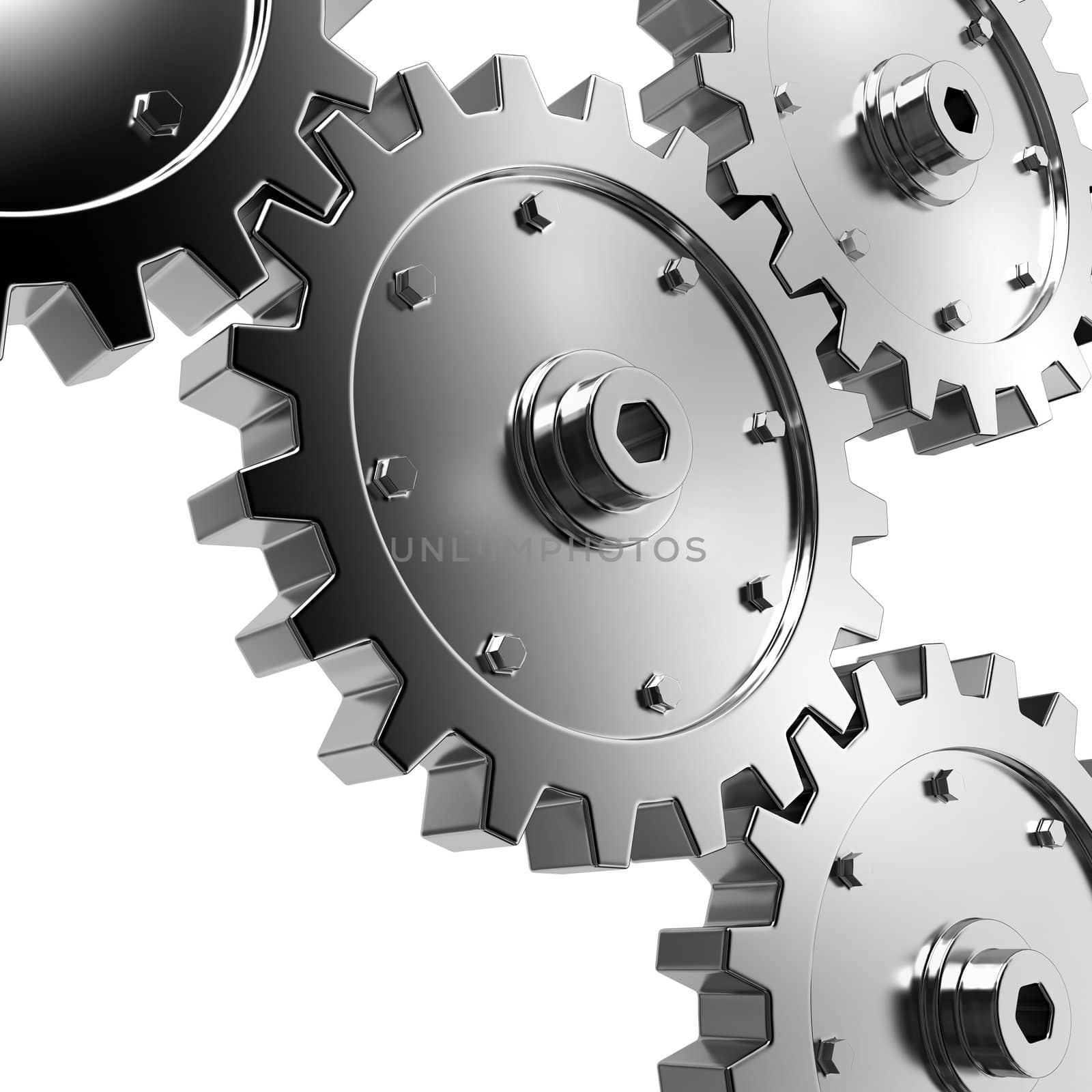 4 gears connected together. High resolution rendered.
