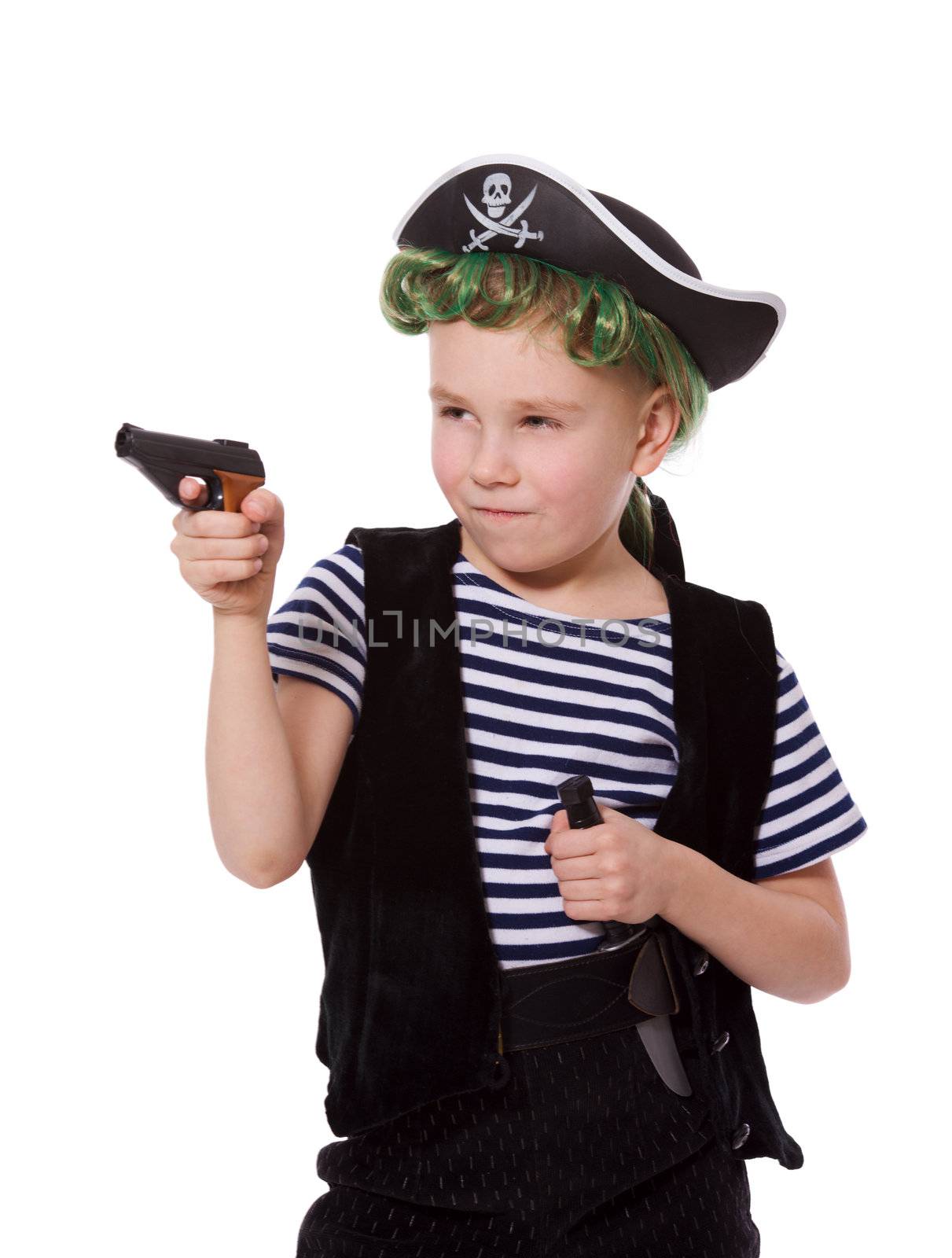 Boy wearing pirate costume shooting pistol isolated on white