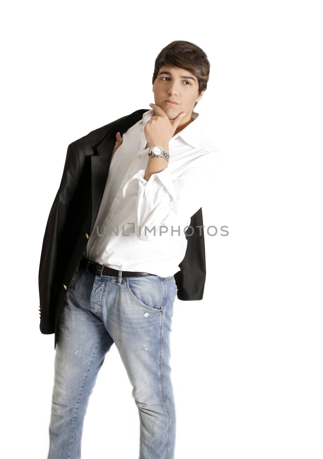 Young teenager male in studio, brown hair, white background