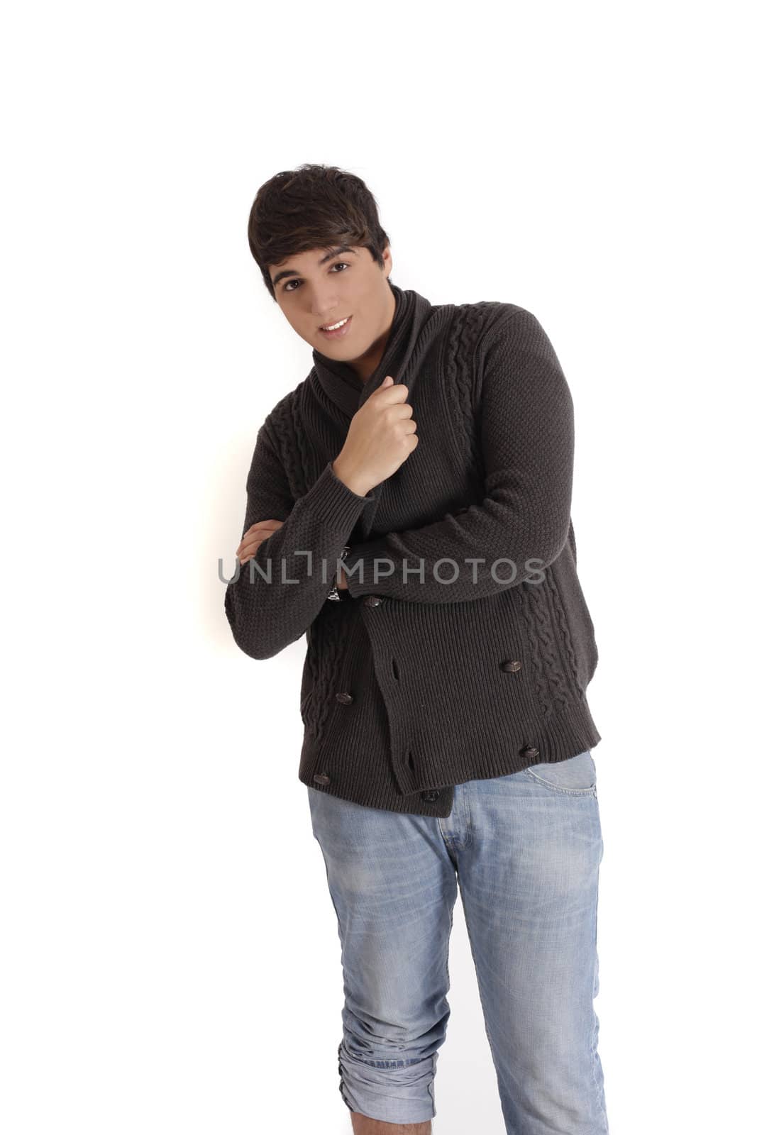 young teenager male in studio, white background, brown hair, trash blue jean