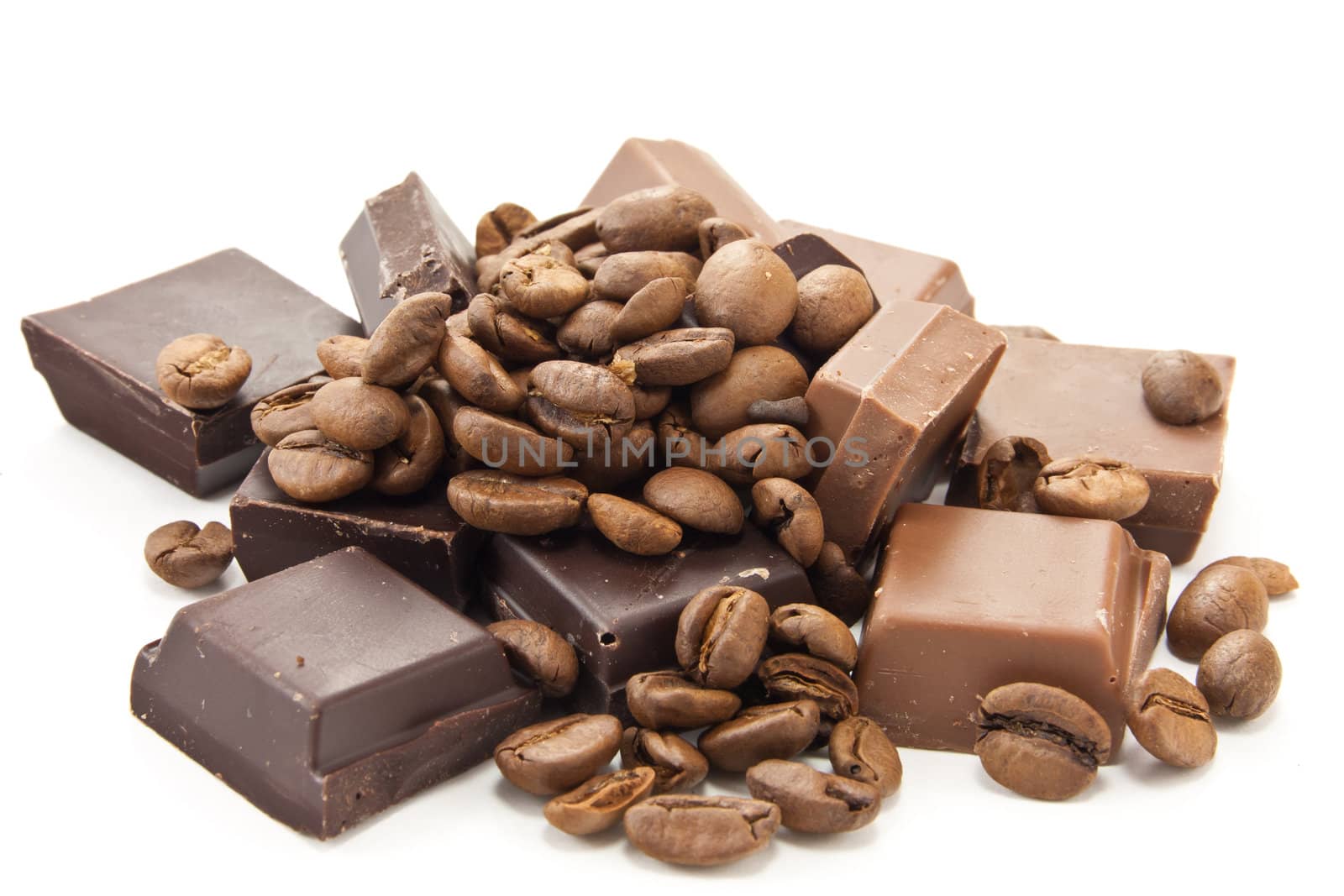Picture of coffe beans and chocolate on a white background