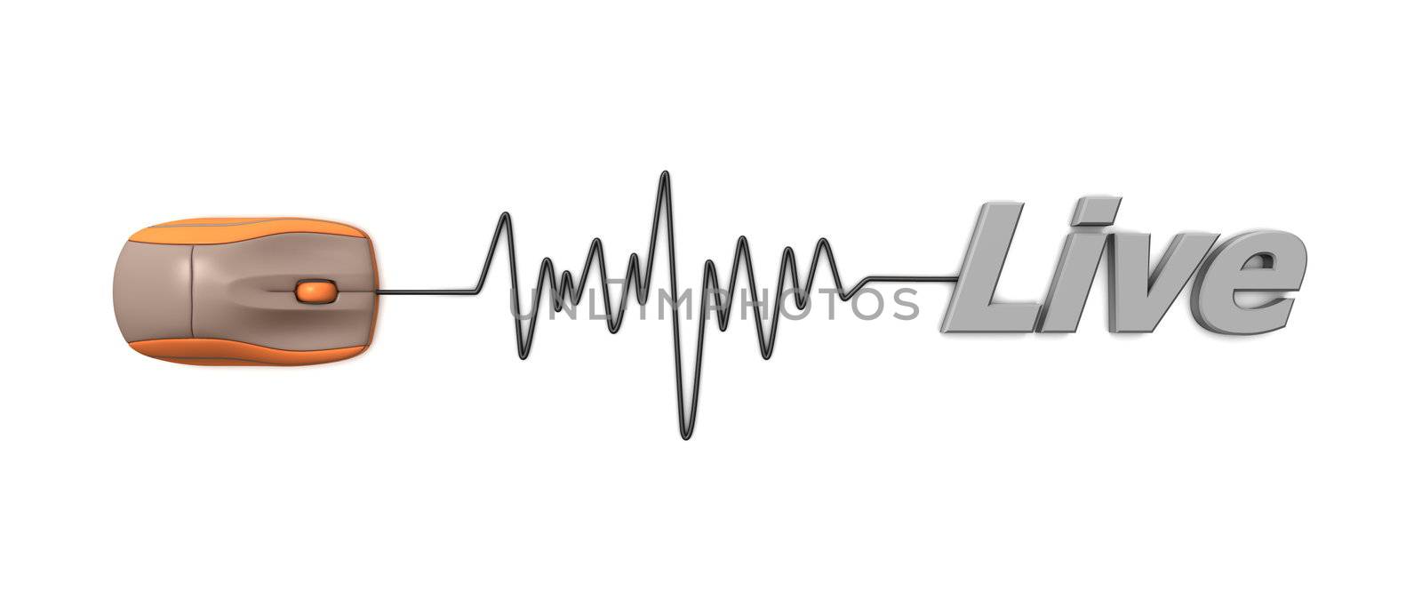 orange computer mouse connected to the grey word live via sine waveform cable