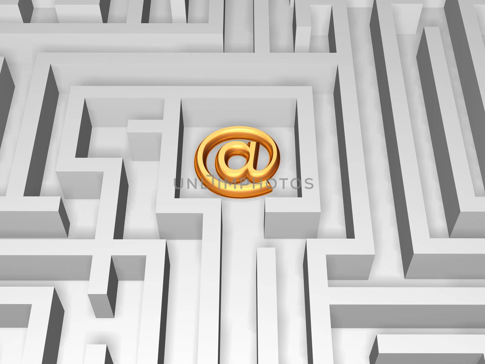 golden 3d e-mail symbol in the centre of labyrinth