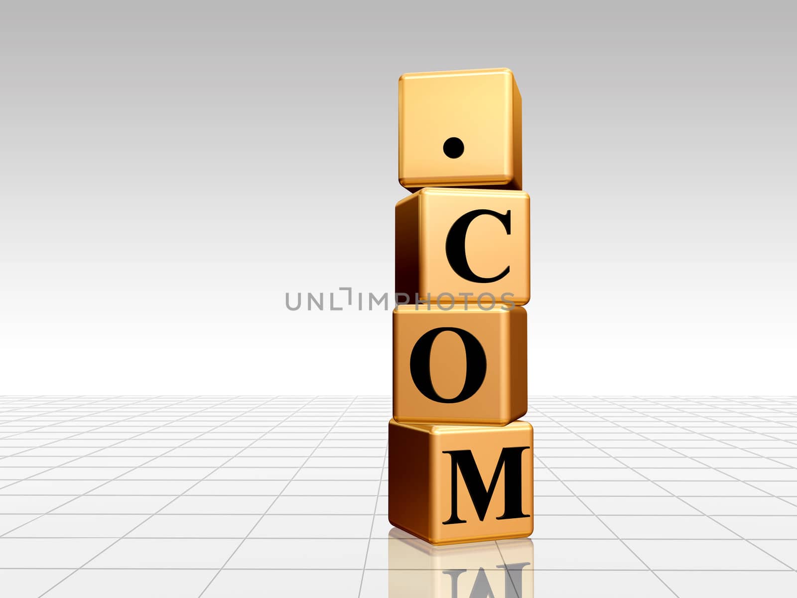 3d golden cubes with black letters with text dotcom with reflection