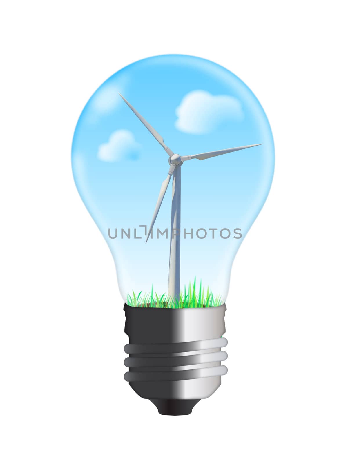 wind turbine in bulb, blue sky and clouds, drawing