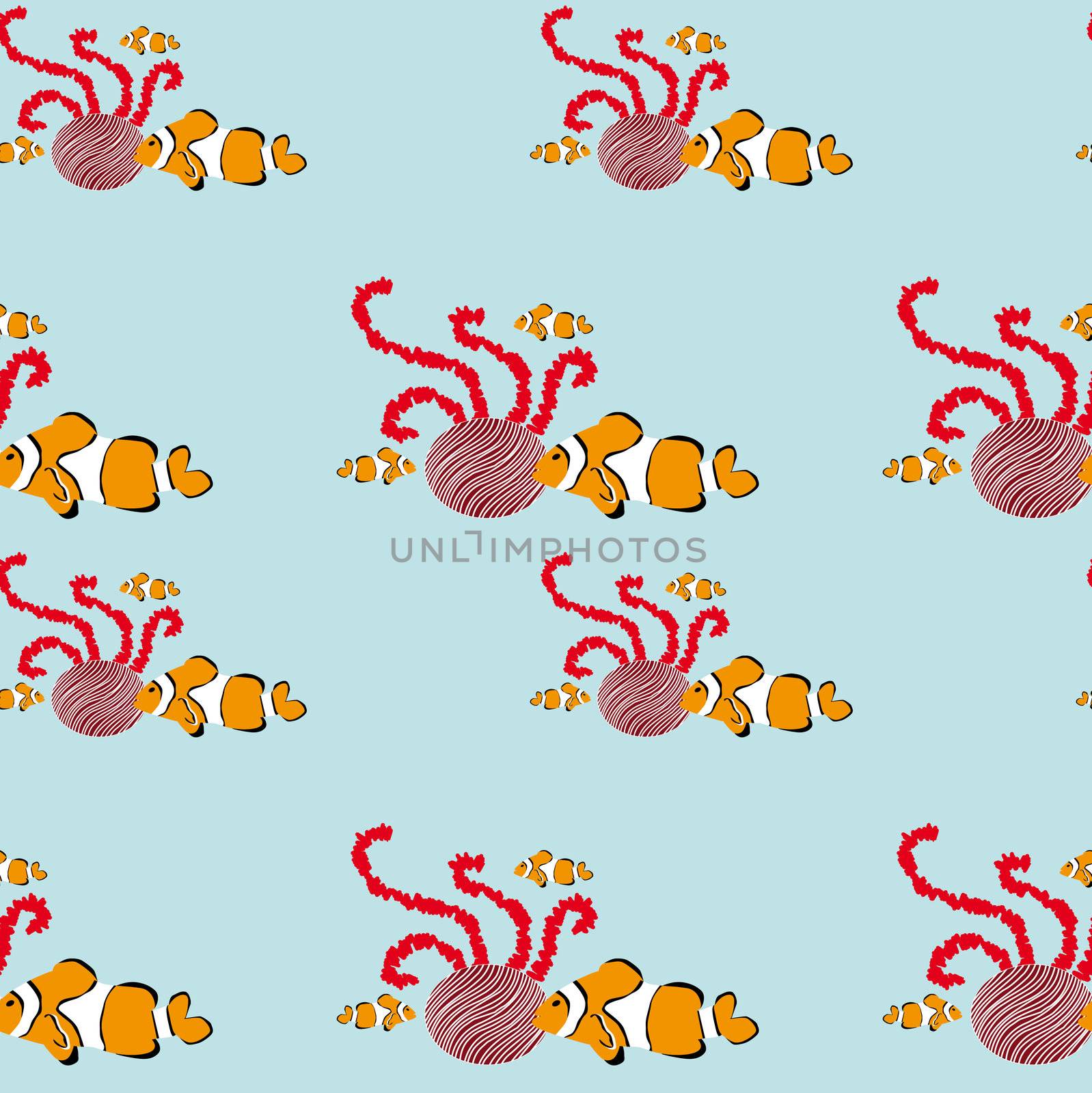 seamless colorful clownfish pattern with a piece of coral reef 
