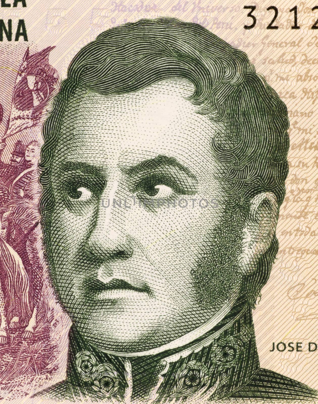 Jose de San Martin on 5 Pesos 2003 Banknote from Argentina. General and prime leader of the south part of South America's successful struggle for independence against Spain.