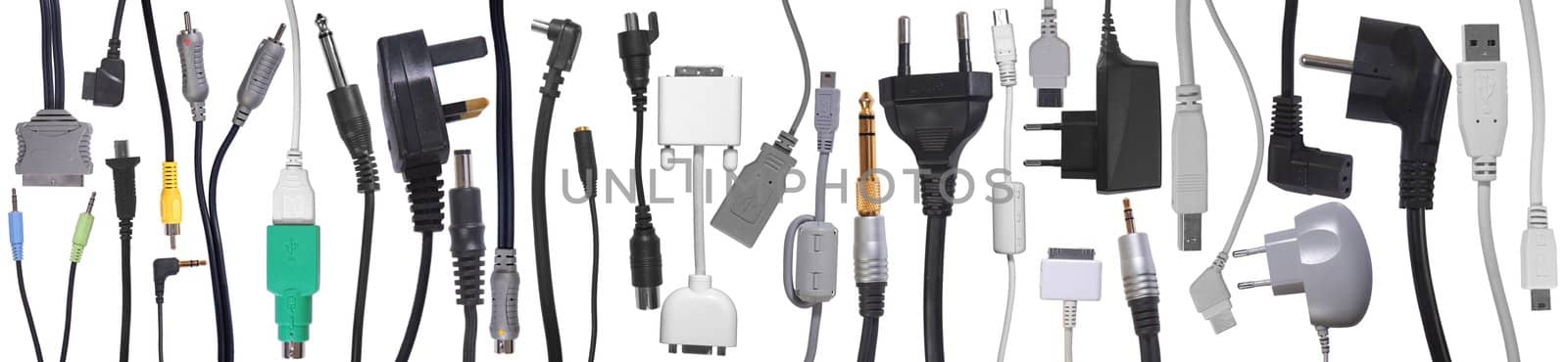Cables, connector and jacks collection on white background