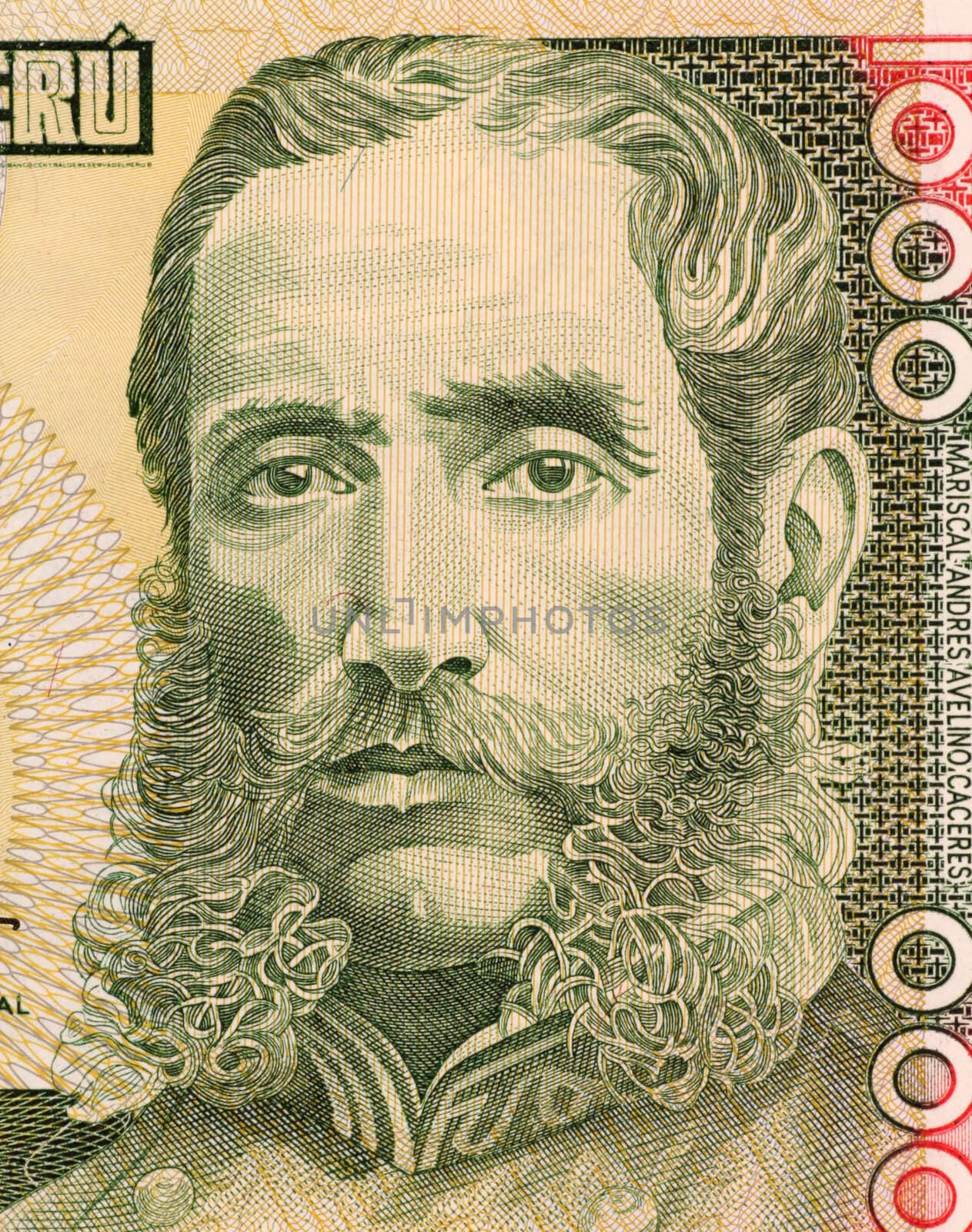 Mariscal Andres Avelino Caceres on 1000 Intis 1988 Banknote from Peru. National hero for leading the resistance against the Chilean occupation during the war of the pacific (1879-1883) and twice president.