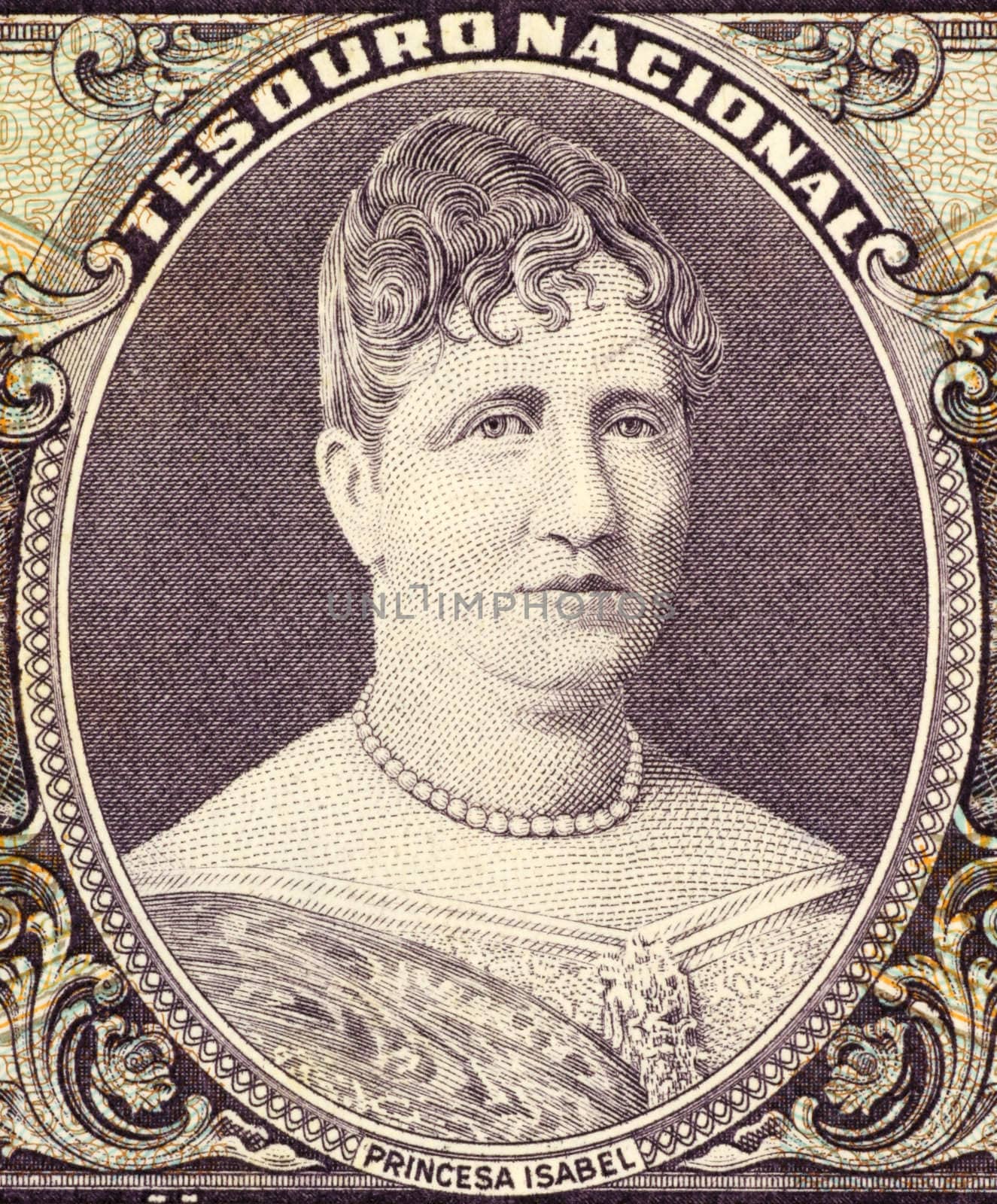 Princess Isabel on 50 Cruzerios 1963 Banknote from Brazil. Princess during the last decades of the reign of her father Pedro II and regent of Brazil three times while her father was away from the country.