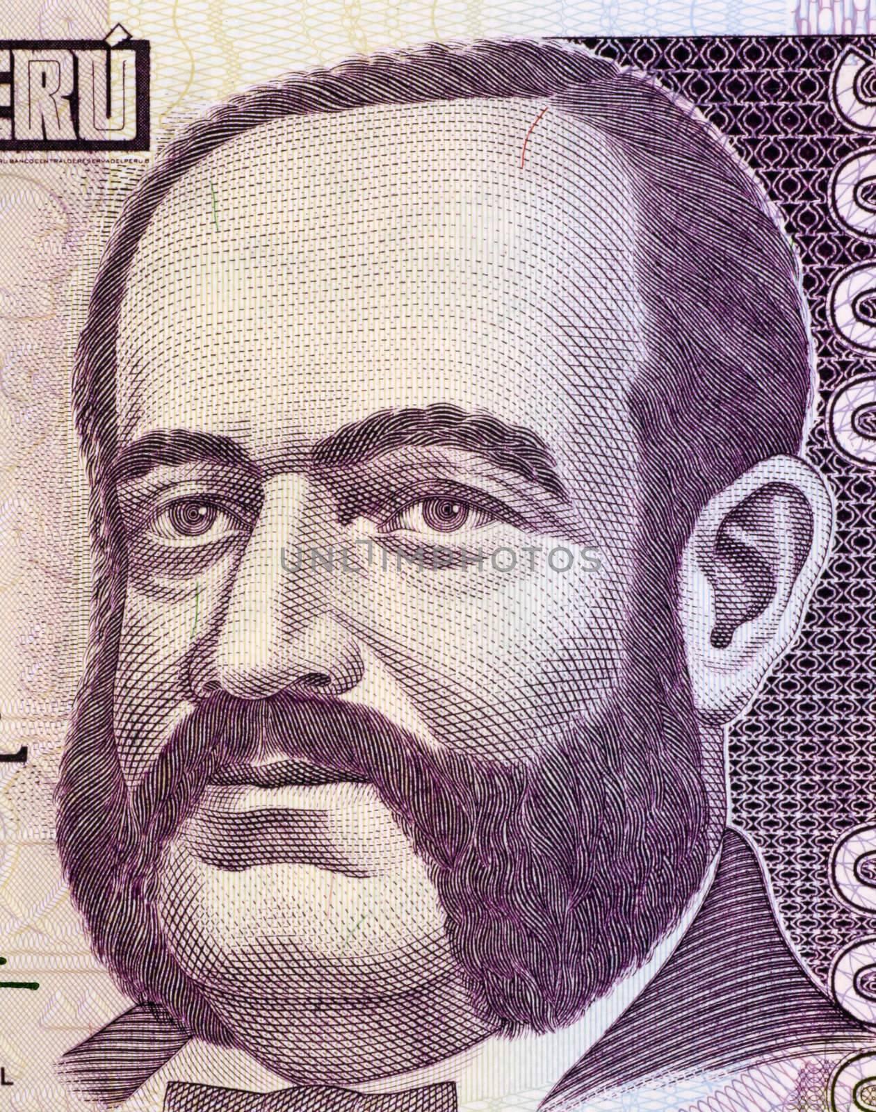 Admiral Miguel Grau on 5000 Indis 1988 Banknote from Peru. Naval officer and hero of the battle of Angamos in the war of the pacific during 1879-1884. One of the most famous military leaders of America.