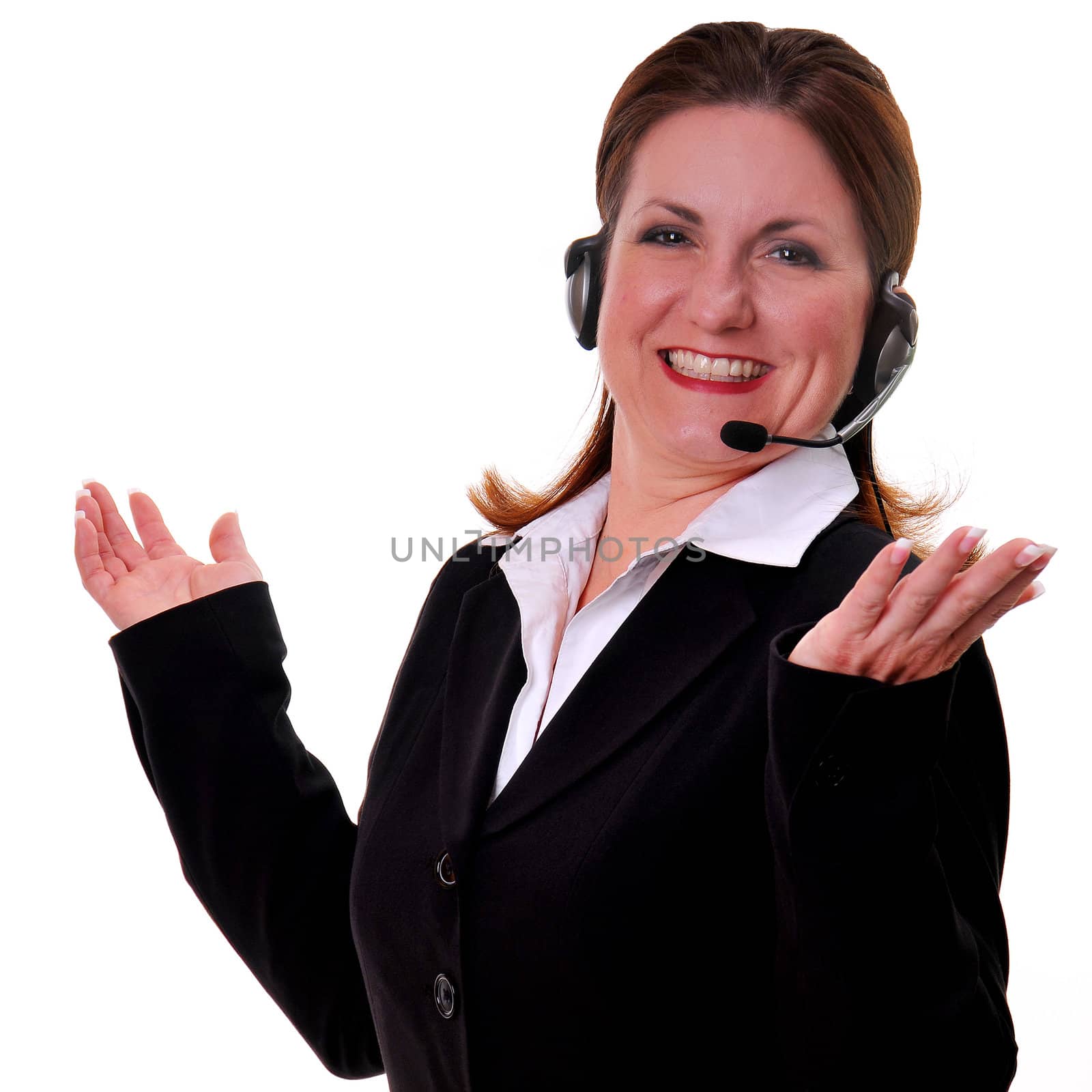 Pretty woman wearing headset smiling - over a white background.