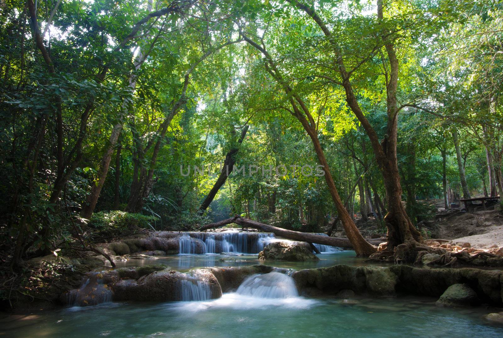 beautiful waterfall cascades in erawan kanachanburi thailand