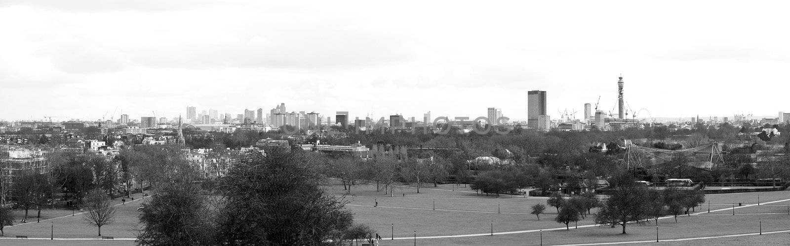 Panoramic view of London skyline seen from Primrose Hill