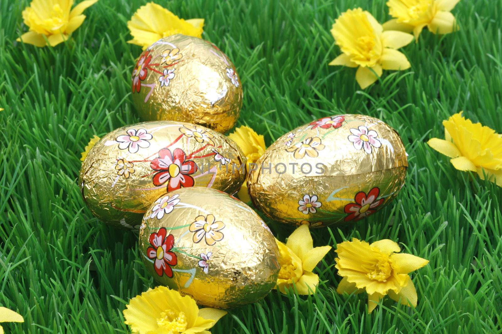 Chocolate easter eggs on grass