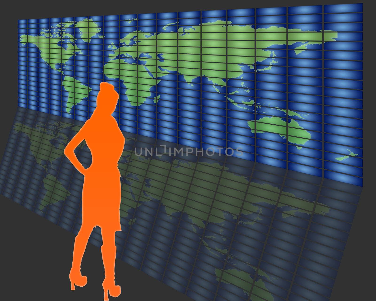 female figure who looks monitors world