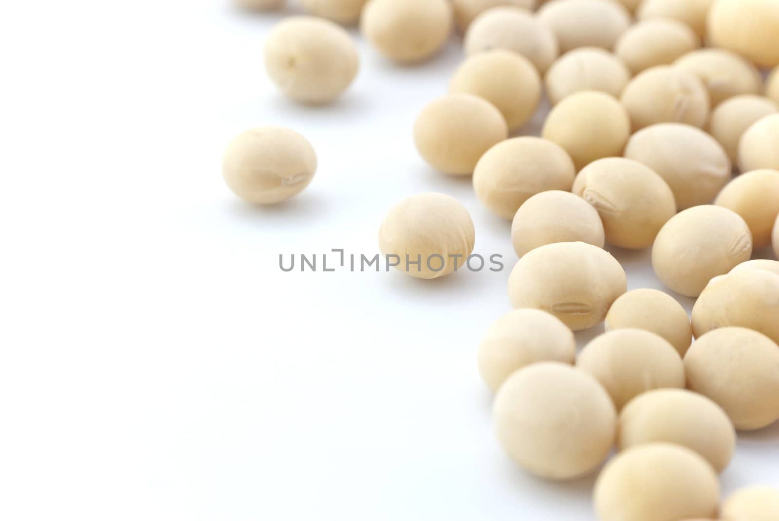Macro (close-up) of soya beans scattered on right of frame with white copy space to the left.