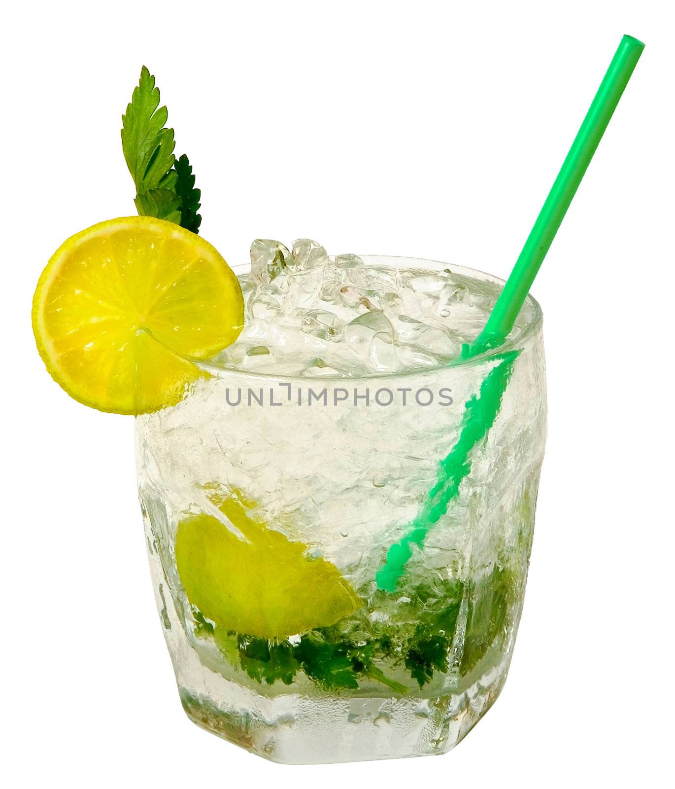 Lemon shake with ice, isolated on a white background