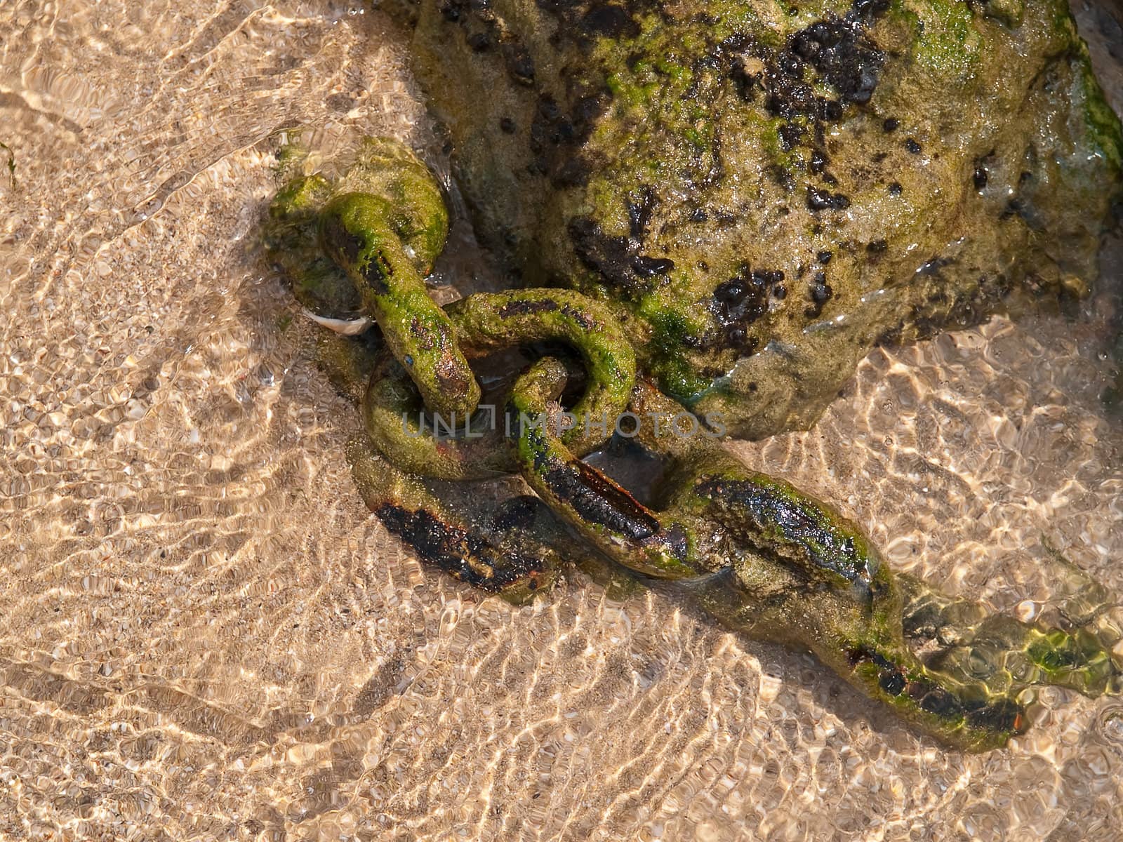 Old Iron Anchoring chain in deep rust condition sunk in sea water