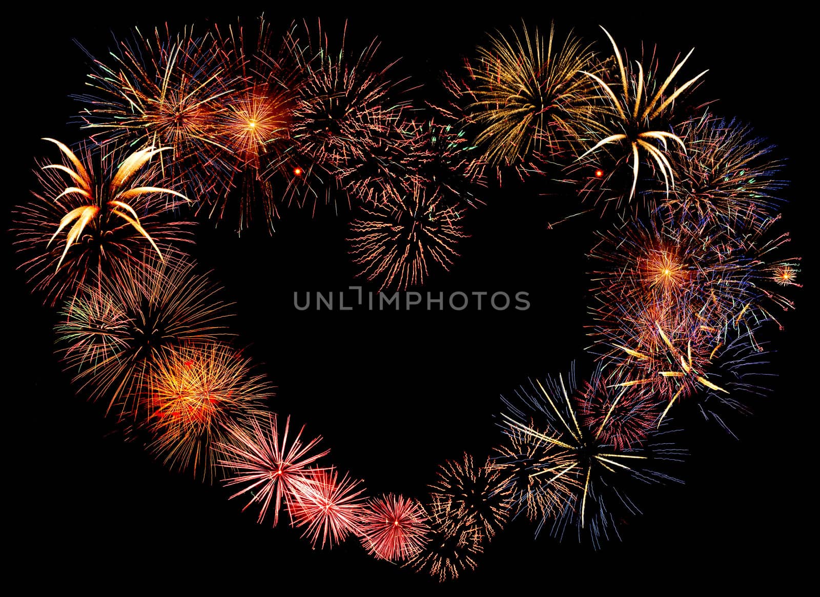 Big beautiful valentine day greeting heart made of colourful fireworks