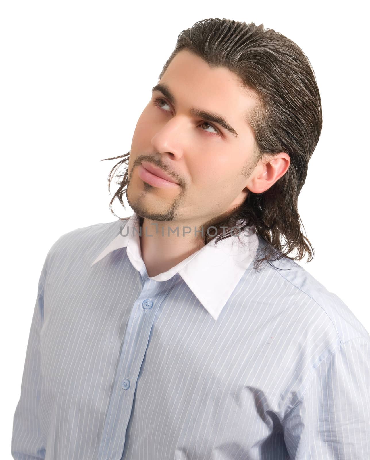 Young dark haired caucasian man in light blue striped shirt looking up isolated on white