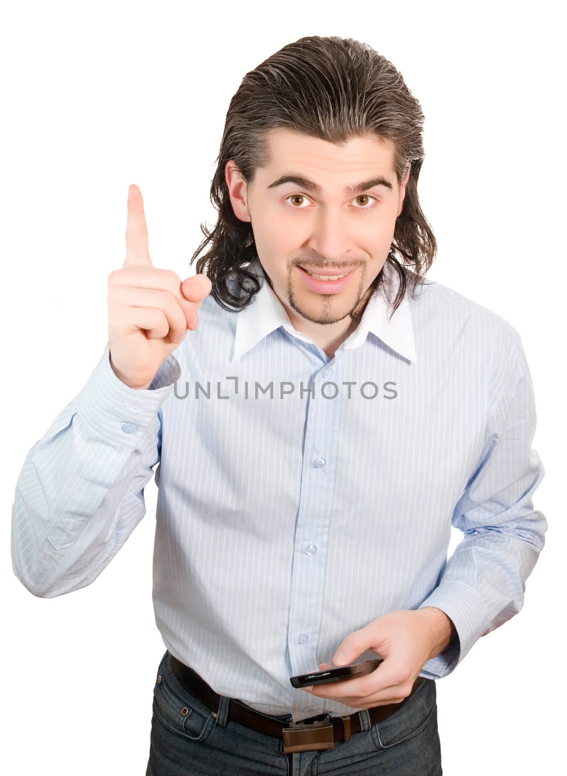 Young dark haired caucasian man in light blue striped shirt smiling and shaking his finger isolated on white