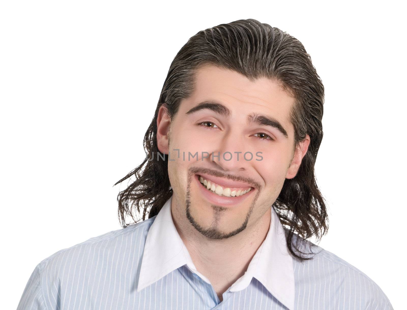 Young smiley dark haired caucasian man in light blue striped shirt isolated on white