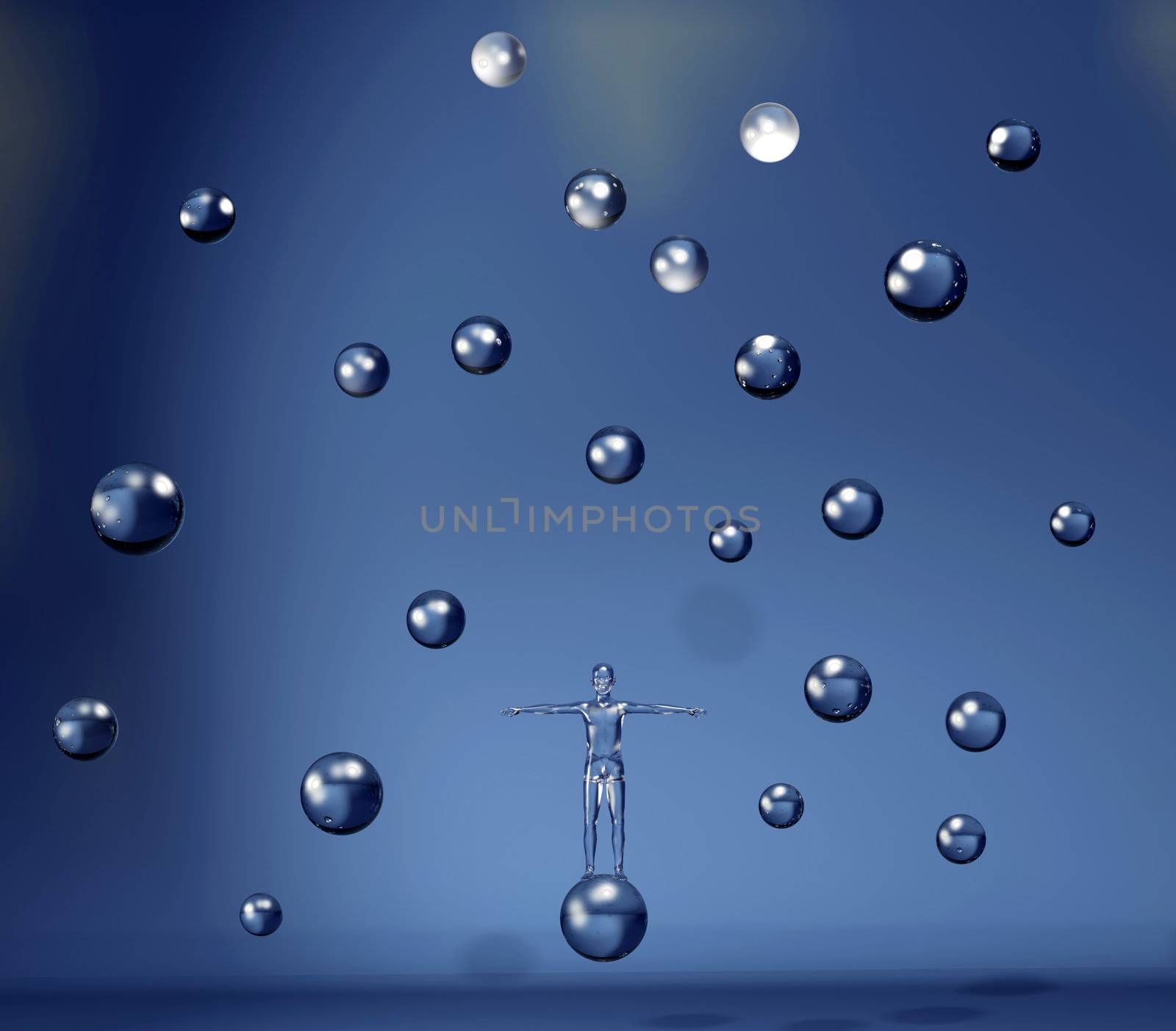 Floating man among transparent glass spheres over blue background.